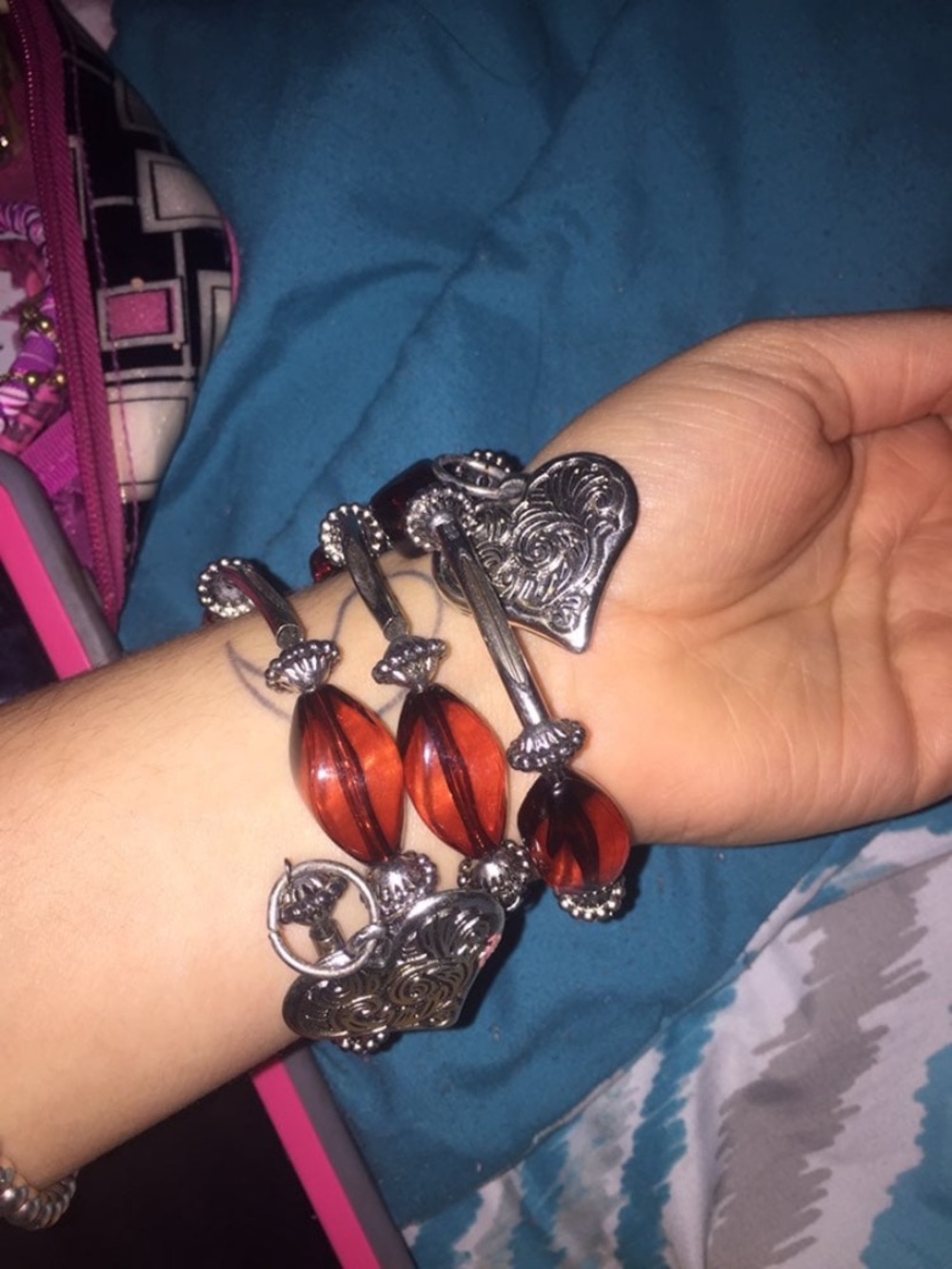 Boho Silver-Tone Bracelet with Amber Glass Beads